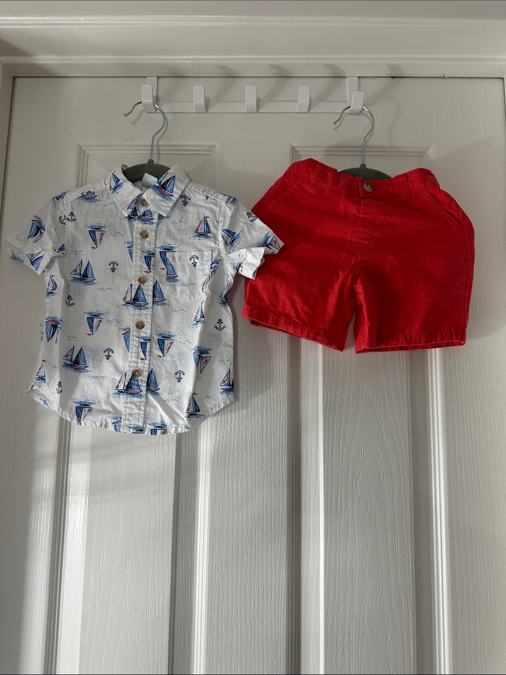 Little Me White Sailboat Print Shirt with Red Shorts